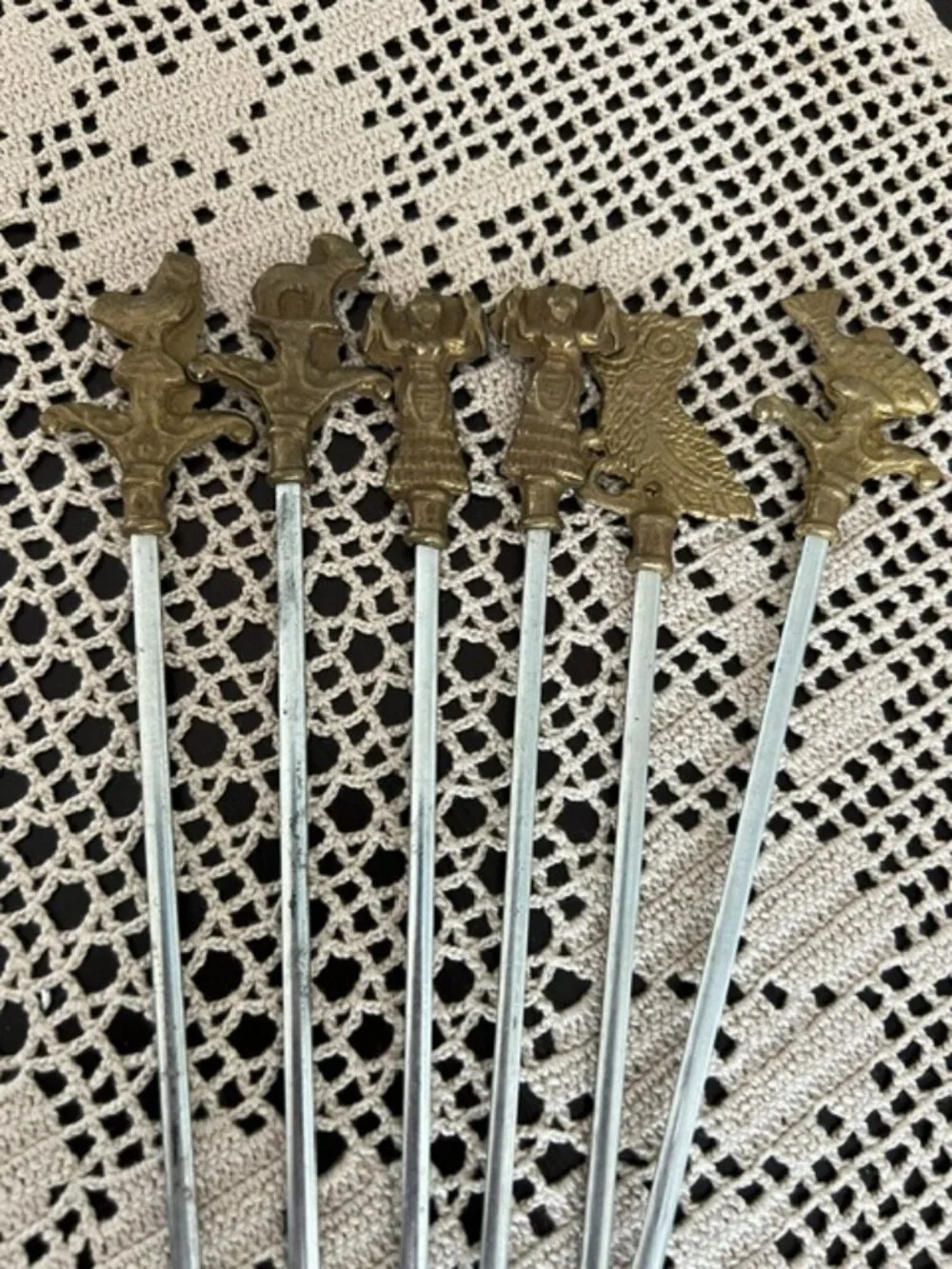 VTG Set Of 6 Turkish Skewers with Various Decorative Brass Tops